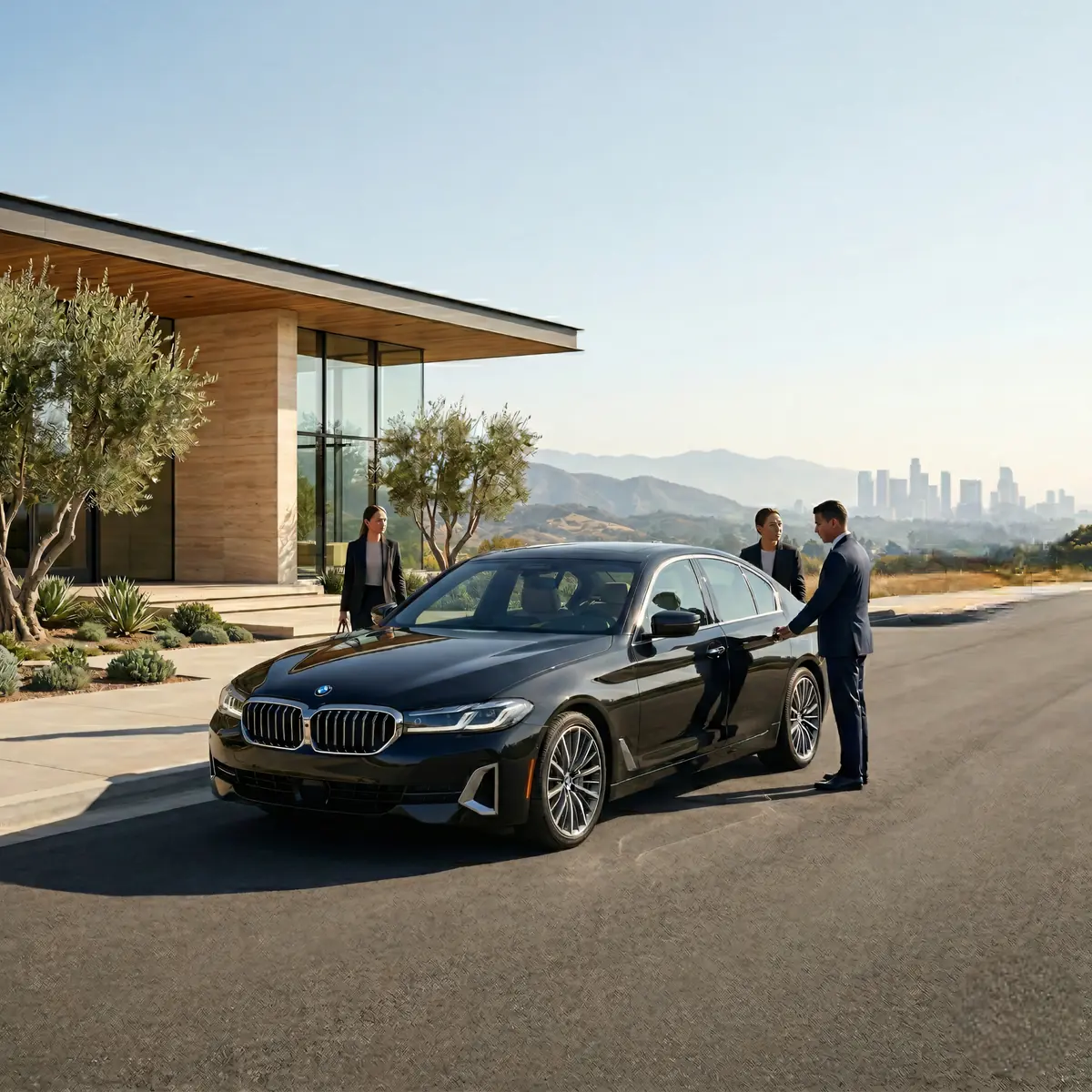 Black BMW sedan at a modern hillside estate with a chauffeur receiving guests and a distant city skyline in the background